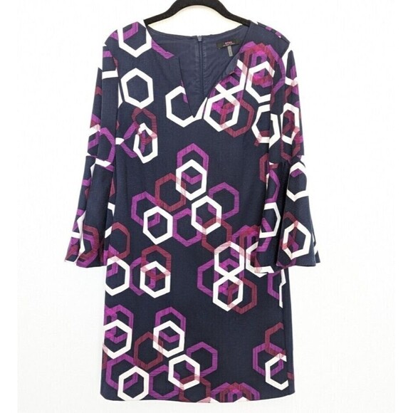 TRINA TURK Shift Dress Womens Size S Blue Geometric Bell Sleeves V Neck Stretch - Picture 1 of 7